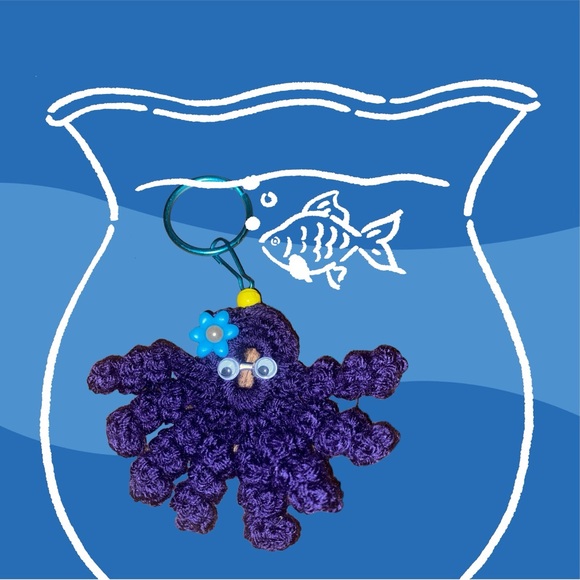 Handmade up-cycled octopus keyring,  bag charm - Picture 3 of 3